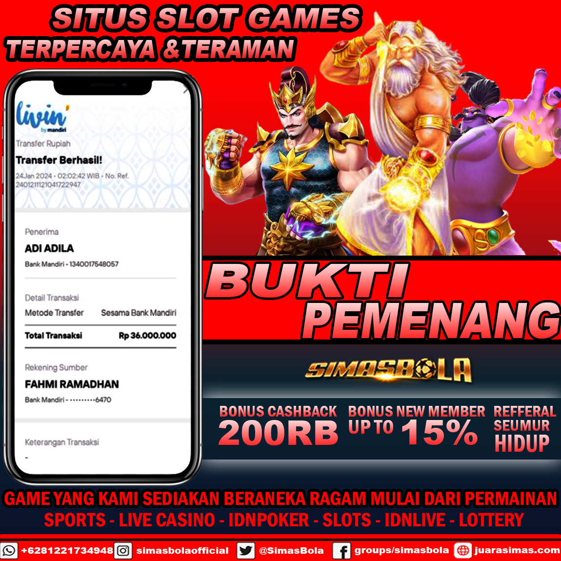 BUKTI PEMENANG TANGGAL 24 JANUARI 2024, Selamat Kepada Member Setia SIMASBOLA Yang Sudah Memenangkan Permainan Slot Bosku