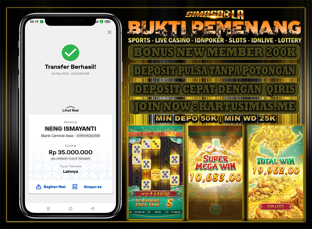 BUKTI PEMENANG TANGGAL 26 FEBRUARI 2024, Selamat Kepada Member Setia SIMASBOLA Yang Sudah Memenangkan Permainan Slot Bosku