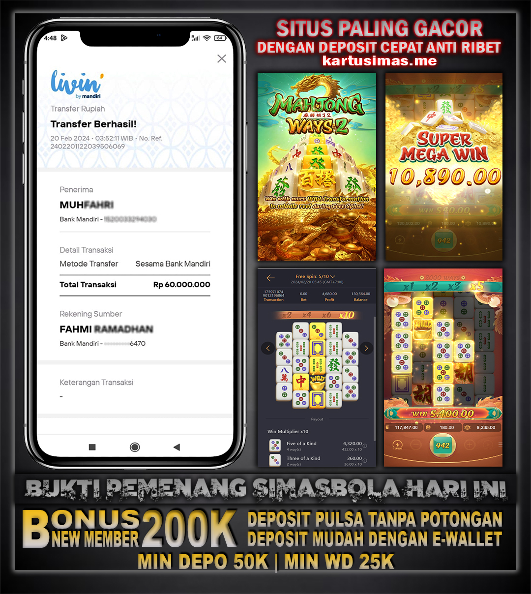 BUKTI PEMENANG TANGGAL 20 FEBRUARI 2024, Selamat Kepada Member Setia SIMASBOLA Yang Sudah Memenangkan Permainan Slot Bosku