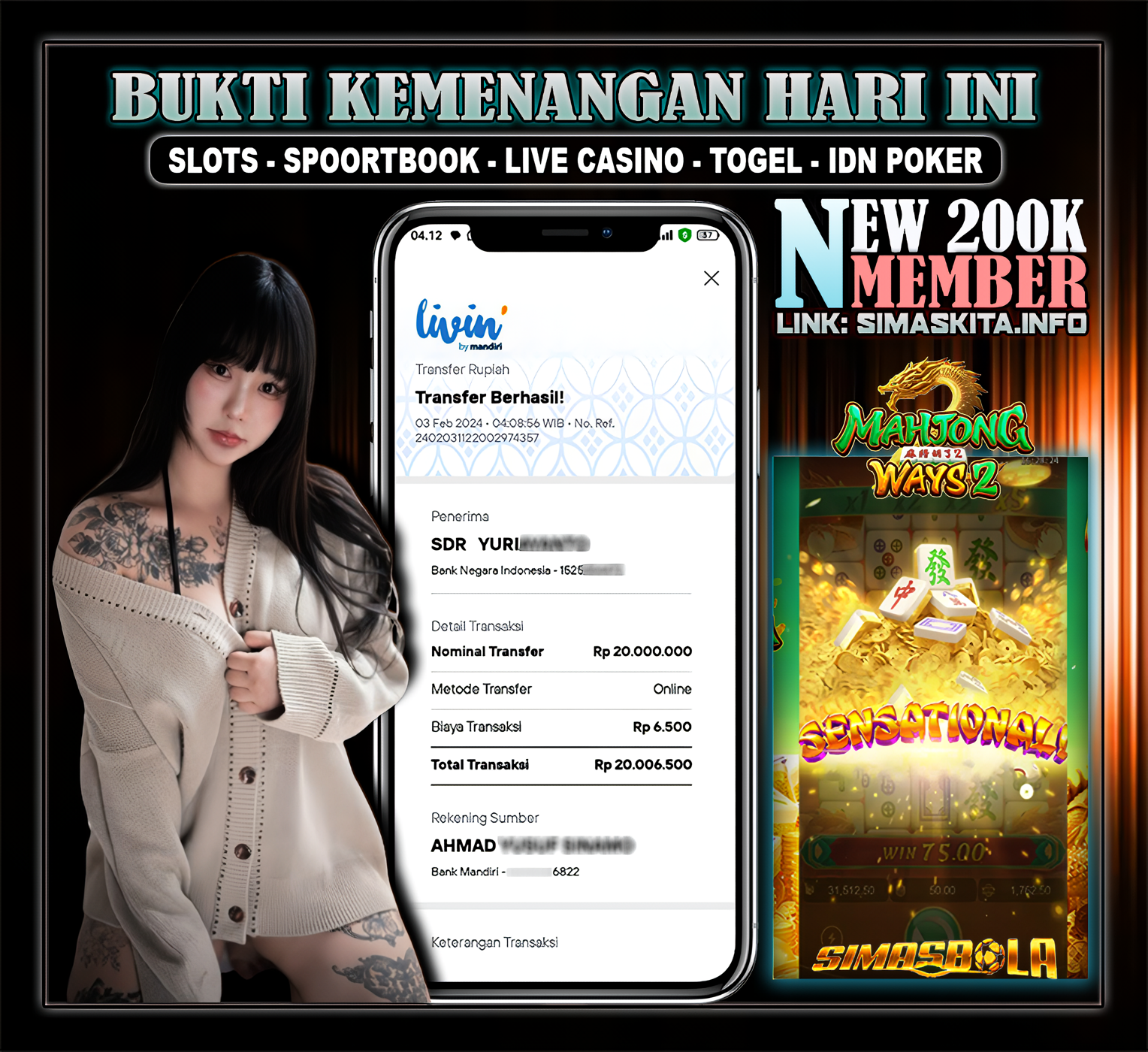 BUKTI PEMENANG TANGGAL 3 FEBRUARI 2024, Selamat Kepada Member Setia SIMASBOLA Yang Sudah Memenangkan Permainan Slot Bosku DU