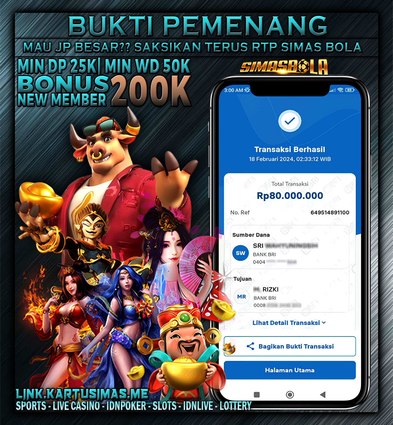 BUKTI PEMENANG TANGGAL 18 FEBRUARI 2024, Selamat Kepada Member Setia SIMASBOLA Yang Sudah Memenangkan Permainan Slot